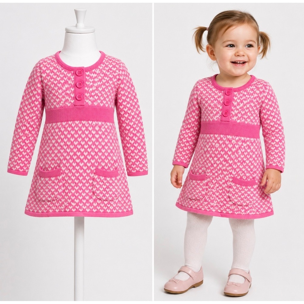 Greendog Heart Knit Sweater Dress Girls 2T Pink Henley Button Pockets Cotton